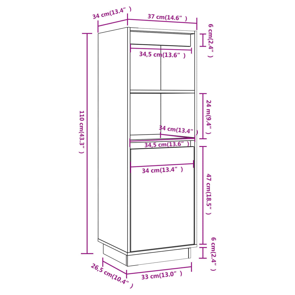 Meuble haut 37x34x110 cm en pin massif