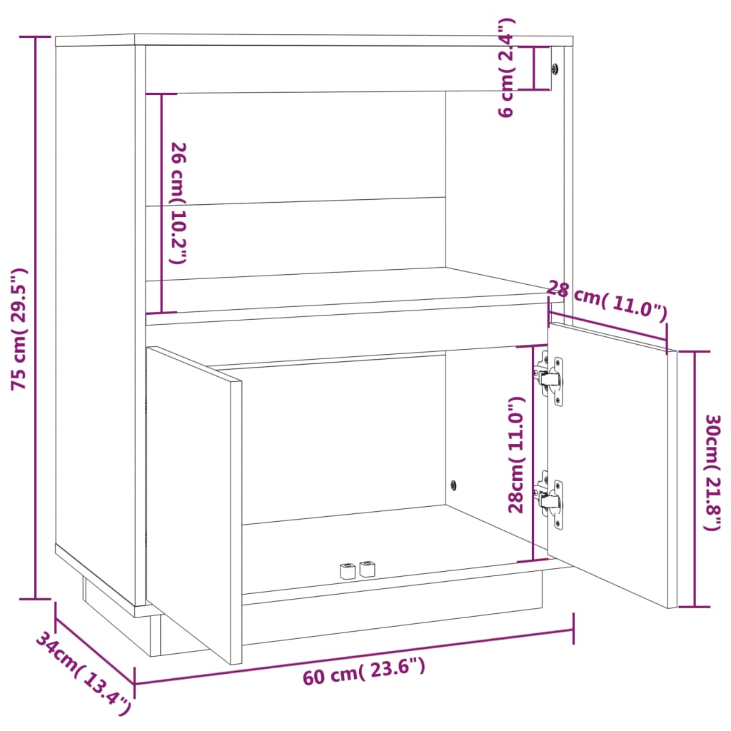 Buffet 60x34x75 cm en bois de pin massif