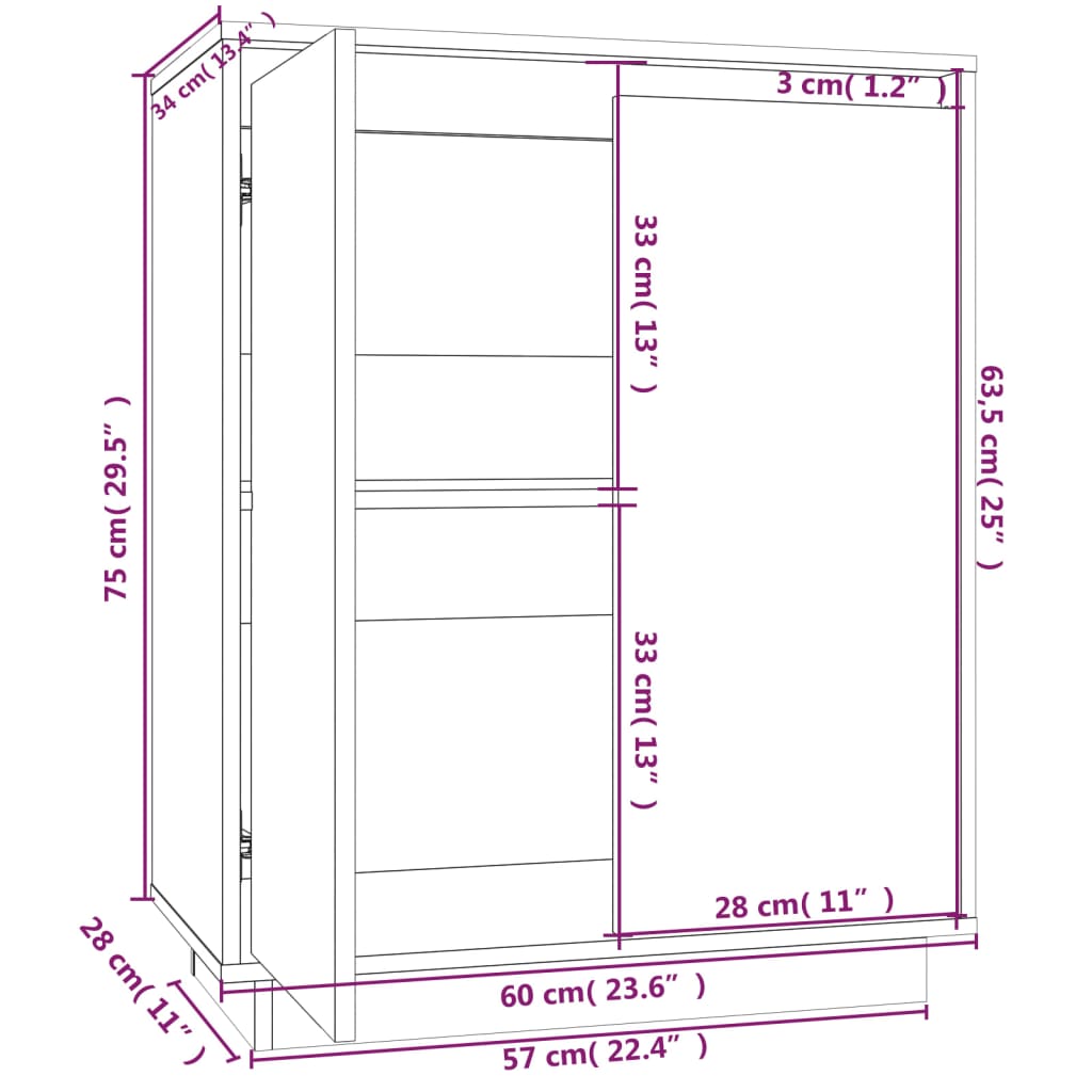 Buffet 60x34x75 cm en bois de pin massif