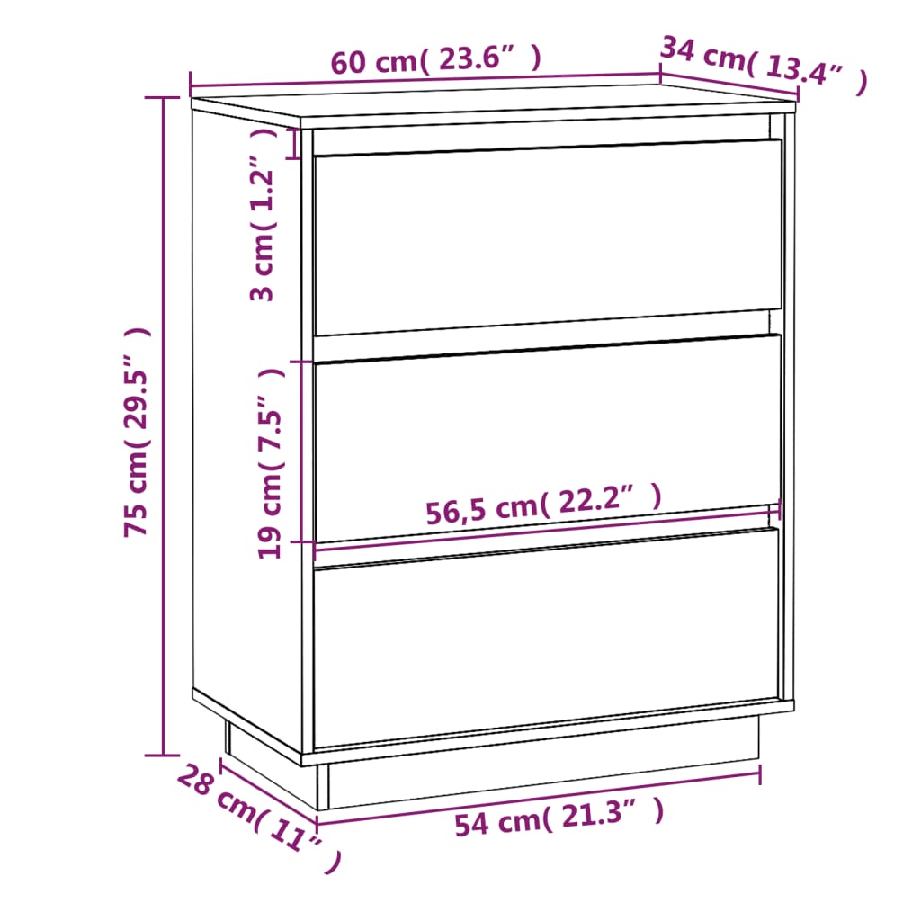 Buffet 60x34x75 cm en bois de pin massif