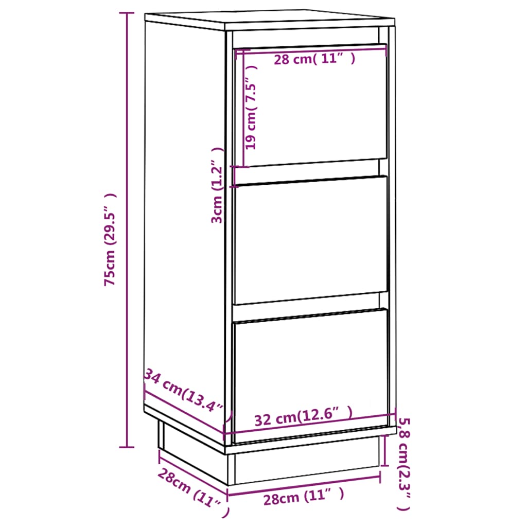 Buffet 32x34x75 cm en bois de pin massif