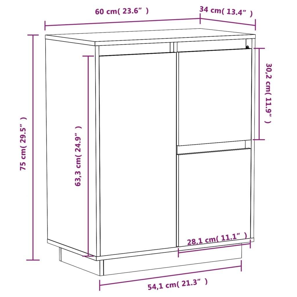 Buffet 60x34x75 cm en bois de pin massif