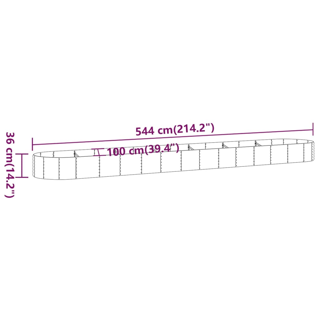 Plantenbak 600x140x36 cm gepoedercoat staal zilverkleurig