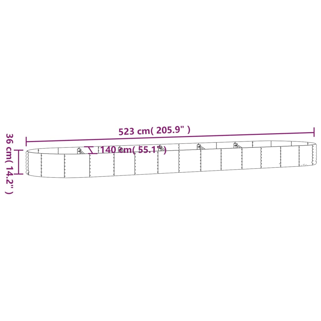 Plantenbak 600x140x36 cm gepoedercoat staal zilverkleurig