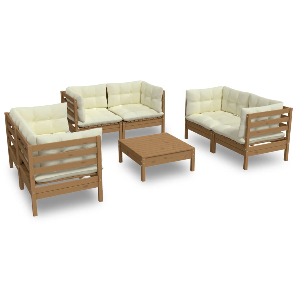 Ensemble lounge 7 pièces avec coussins en bois de pin massif de couleur crème