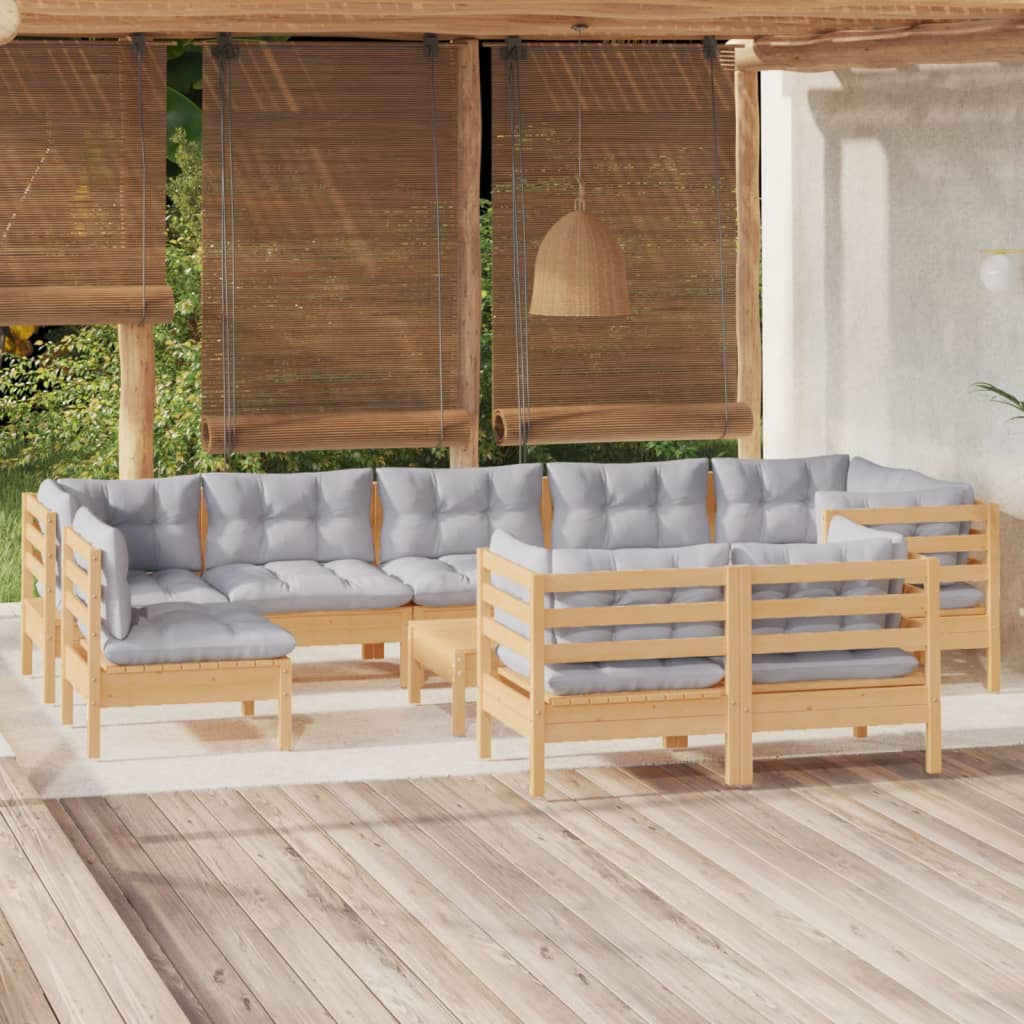 Ensemble Lounge 10 pièces avec coussins gris en bois de pin massif