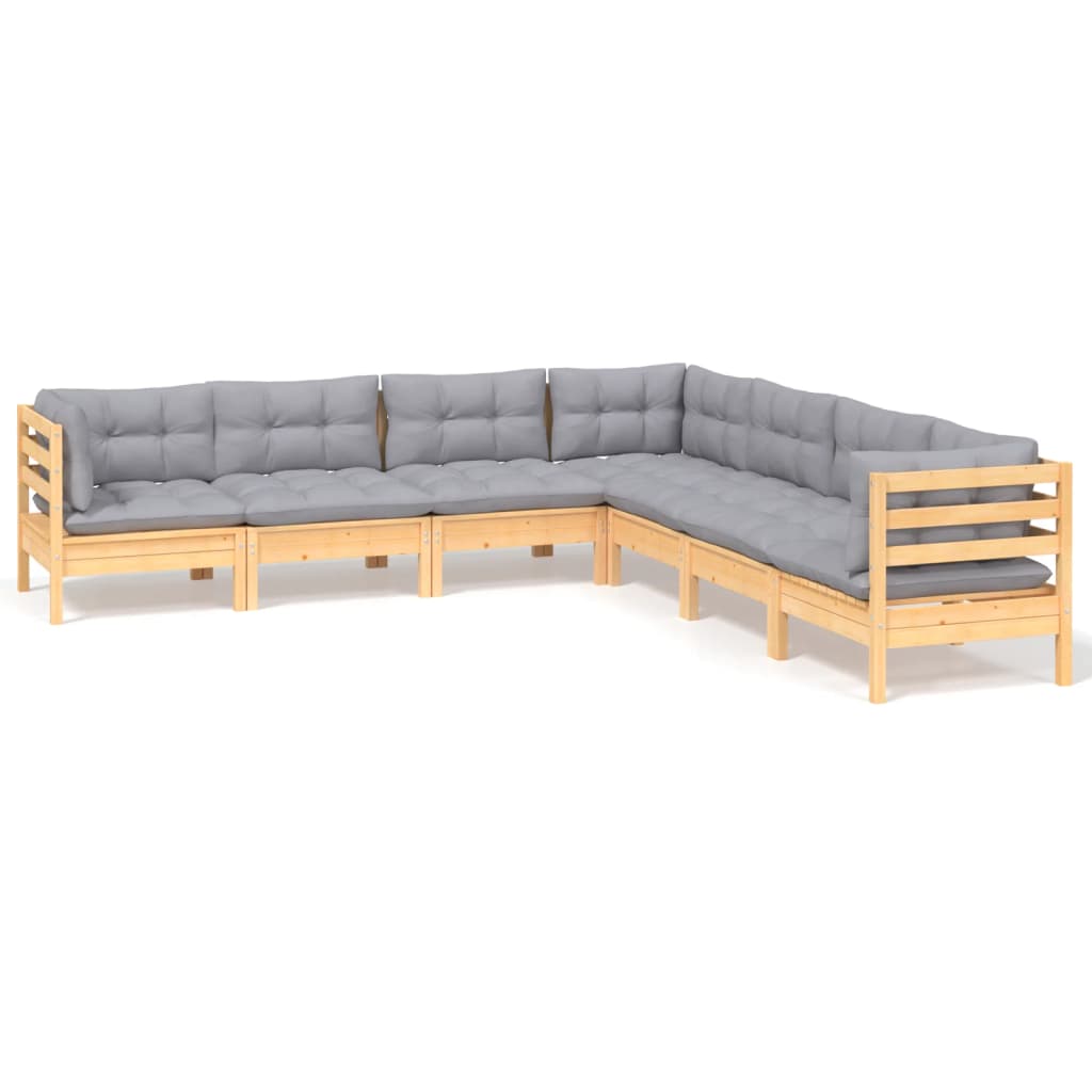 Ensemble lounge 7 pièces avec coussins en bois de pin massif de couleur crème