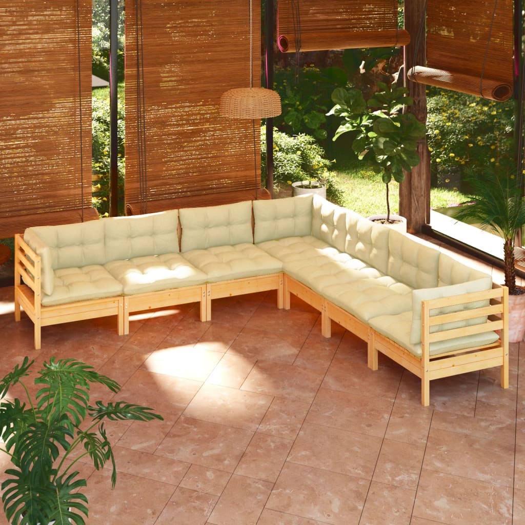 Ensemble lounge 7 pièces avec coussins en bois de pin massif de couleur crème