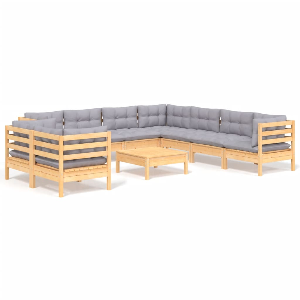 Ensemble lounge 10 pièces avec coussins en bois de pin massif, noir