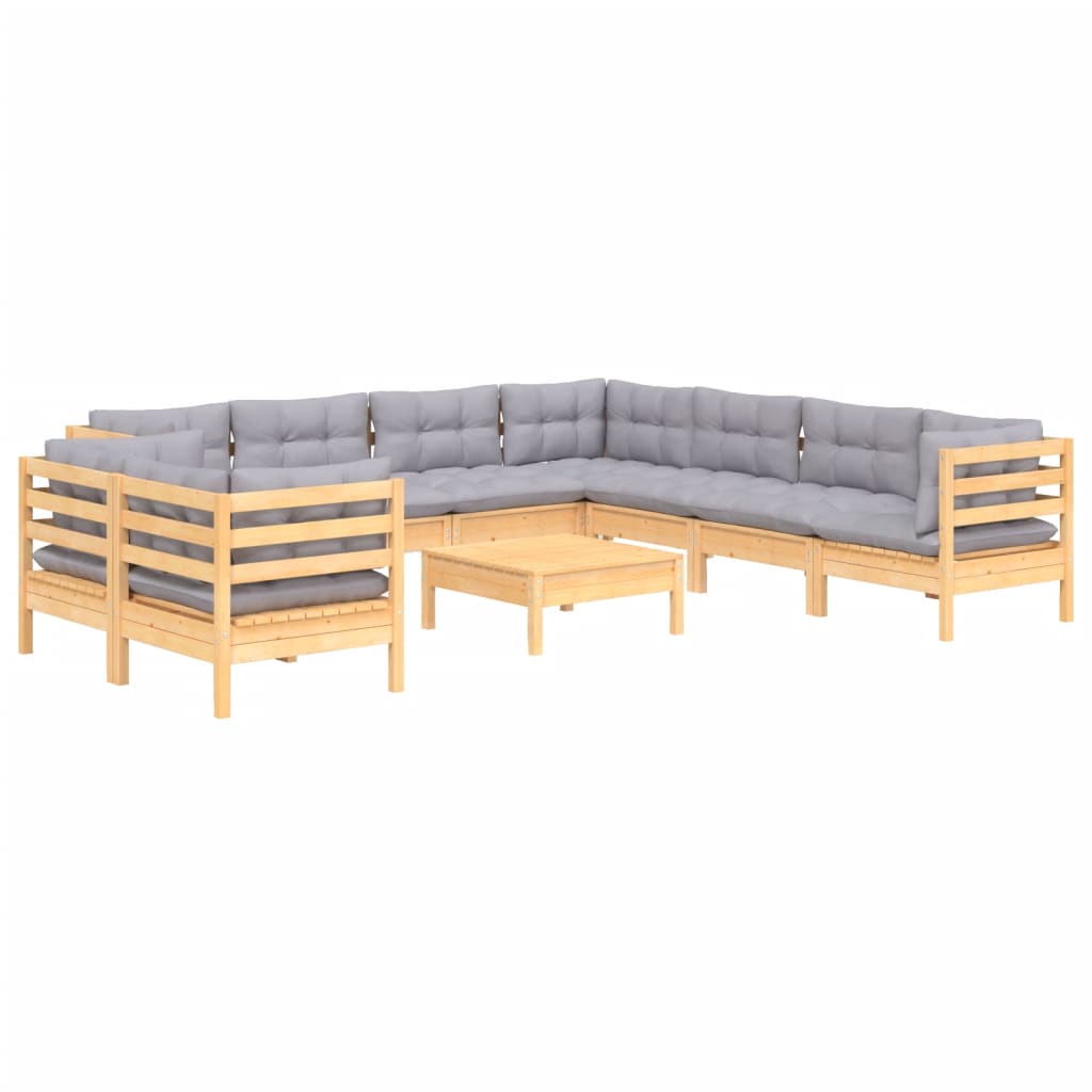 Ensemble lounge 10 pièces avec coussins en bois de pin massif, noir