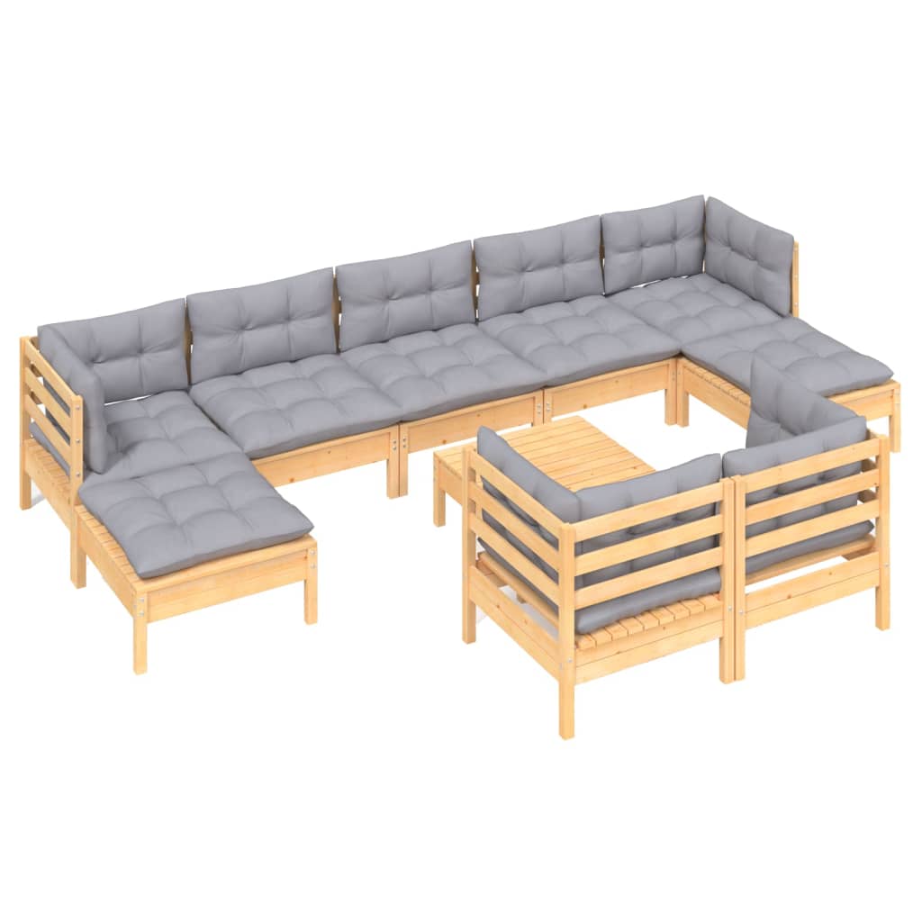 Ensemble lounge 10 pièces avec coussins en bois de pin massif, noir