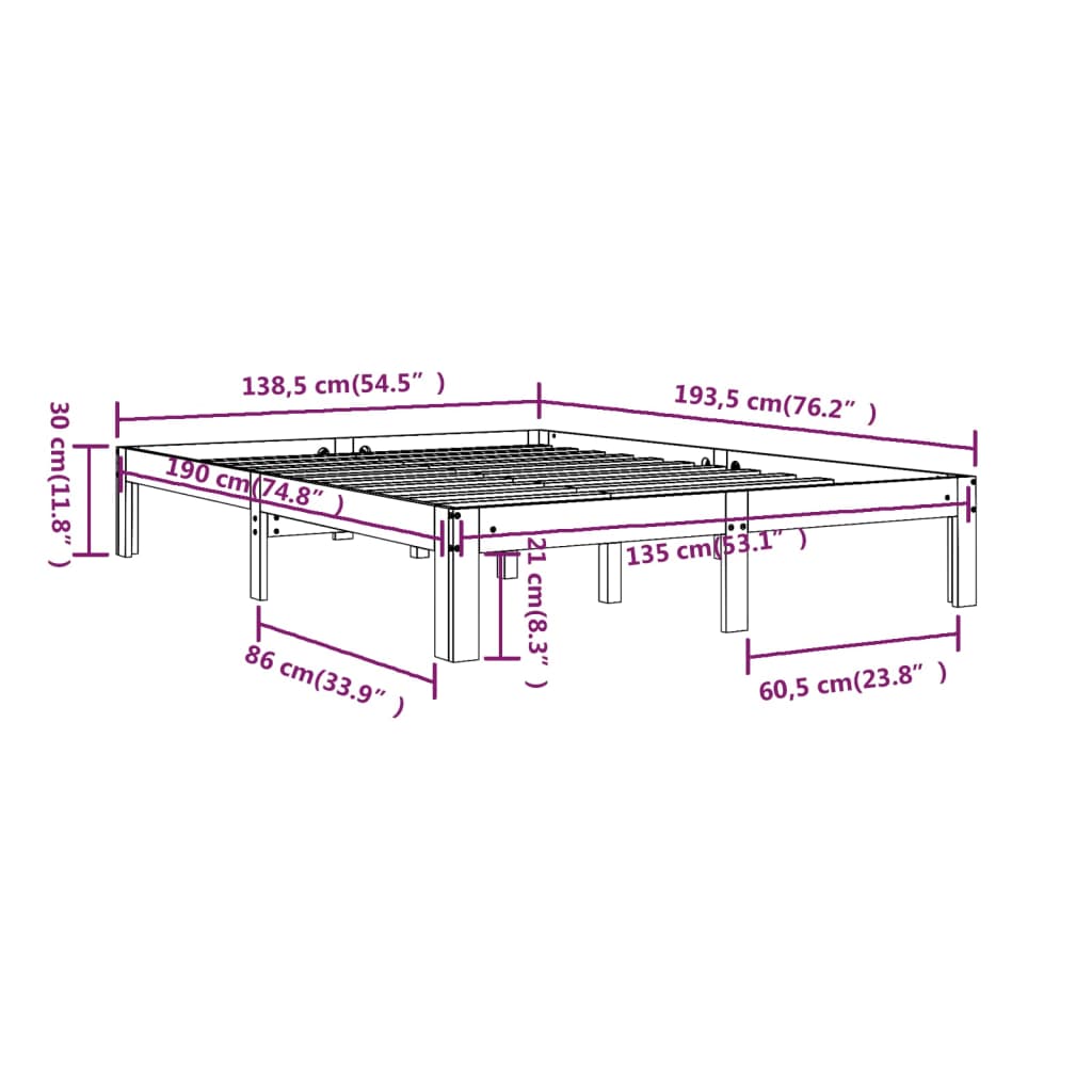 Cadre de lit bois massif 135x190 cm