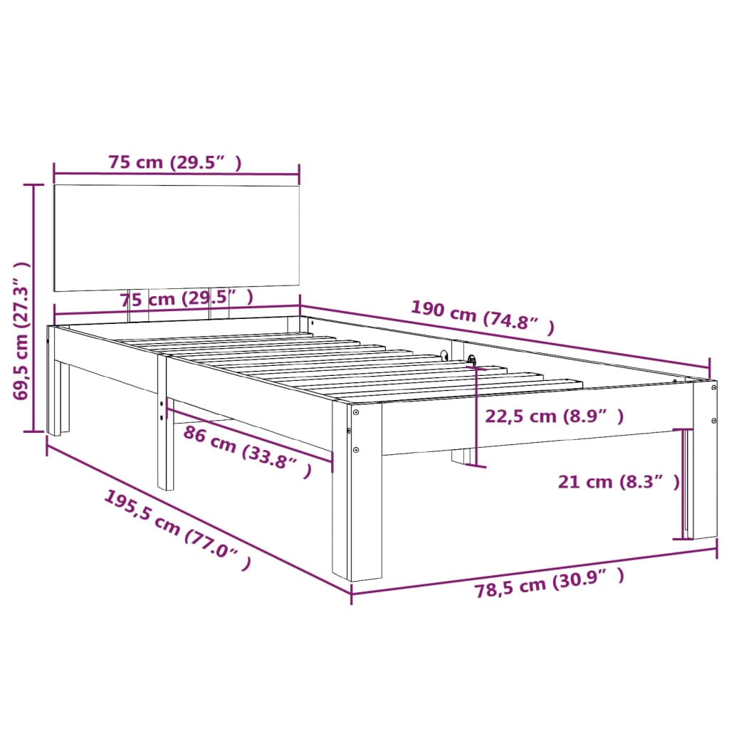 Cadre de lit bois massif 75x190 cm