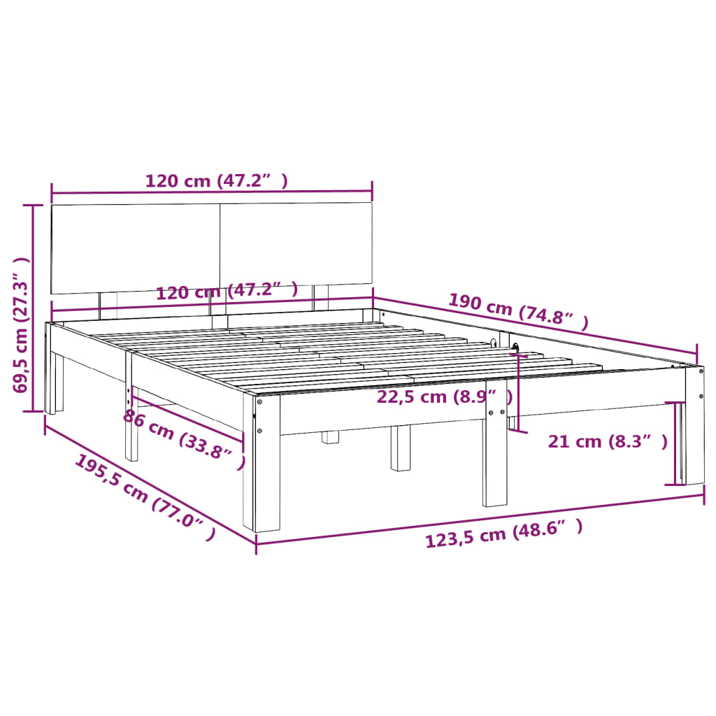 Cadre de lit bois massif 75x190 cm