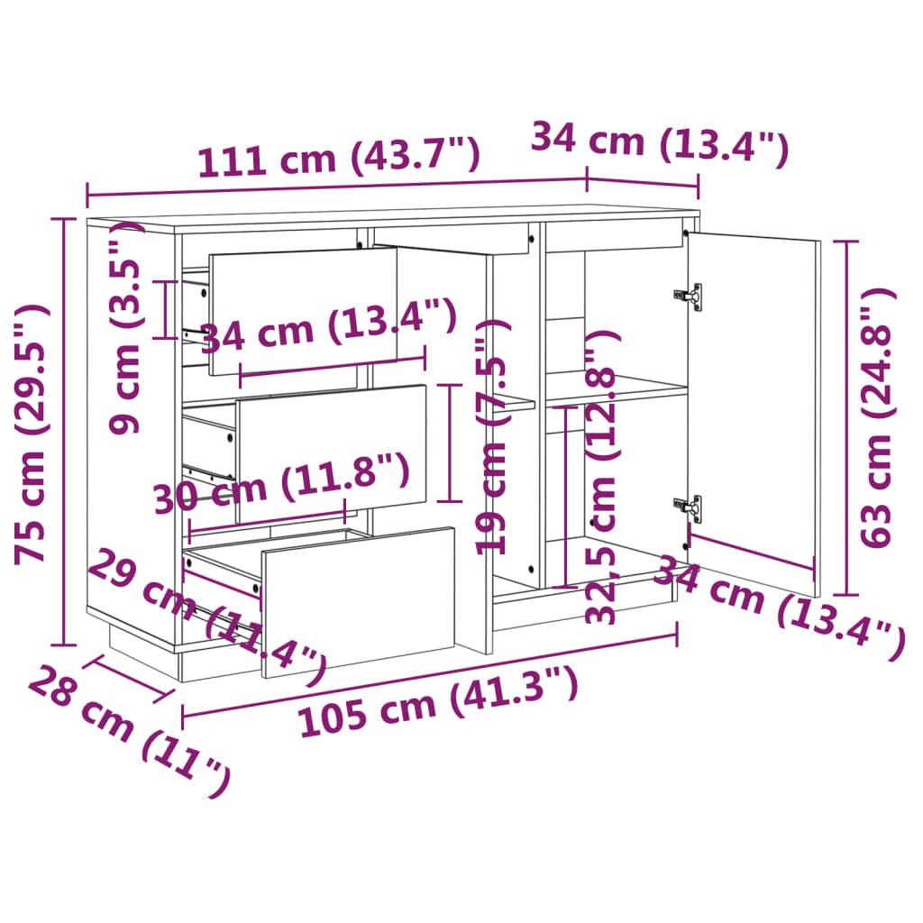 Dressoir 111x34x75 cm massief grenenhout