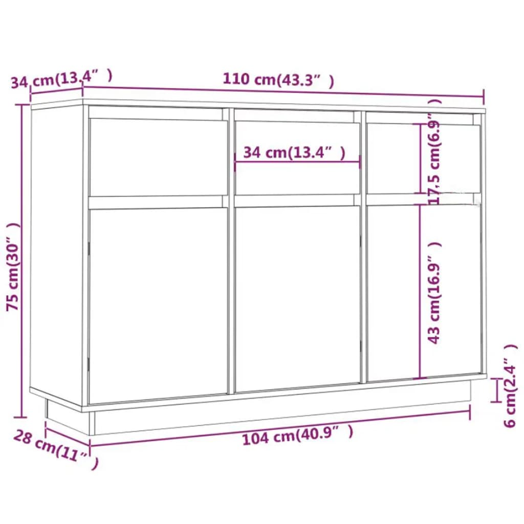 Dressoir 110x34x75 cm massief grenenhout