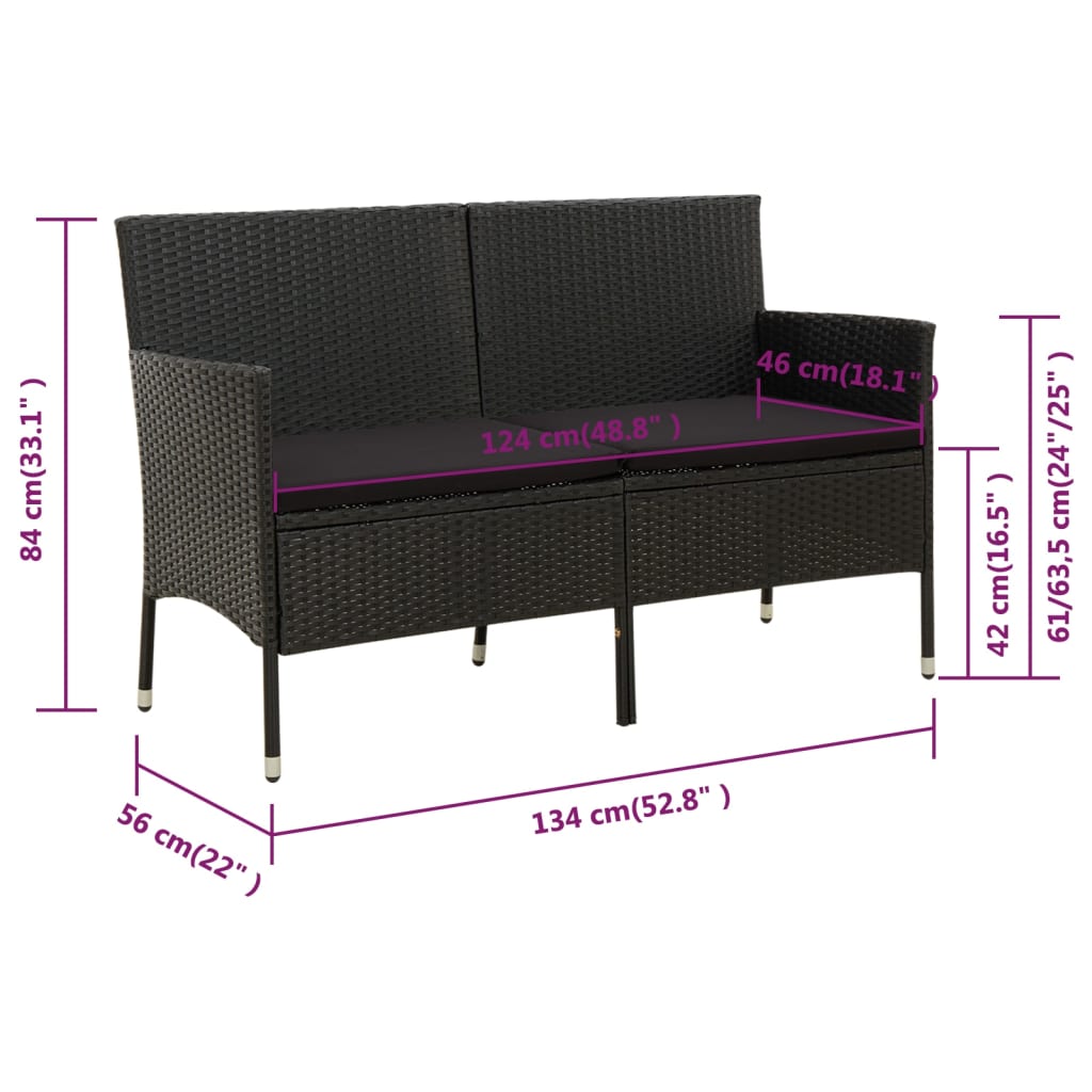 Tuinbank 3-zits met kussen poly rattan grijs