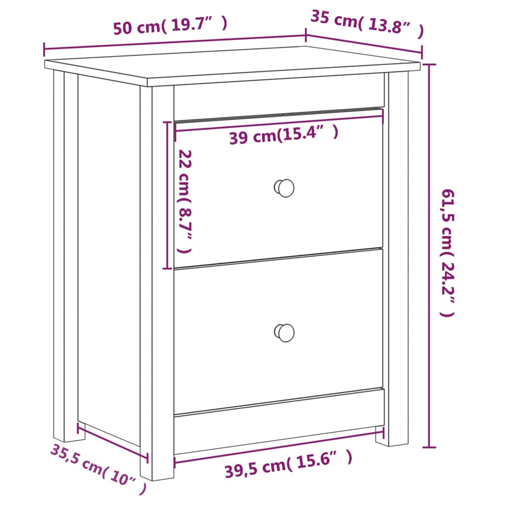 Table de chevet 50x35x61,5 cm en bois de pin massif