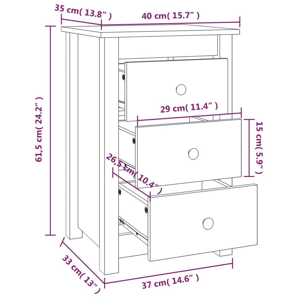 Table de chevet 40x35x61,5 cm en bois de pin massif