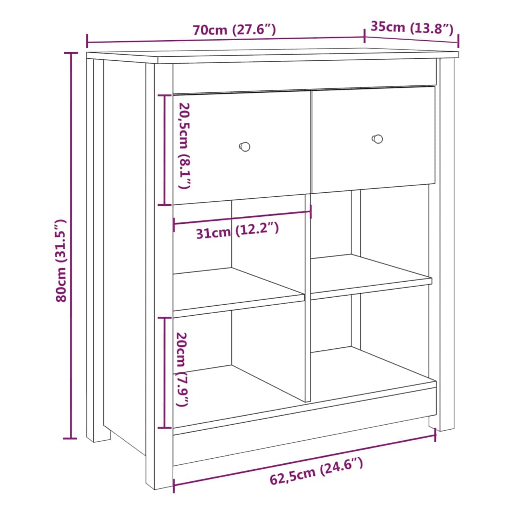 Buffet 70x35x80 cm en bois de pin massif