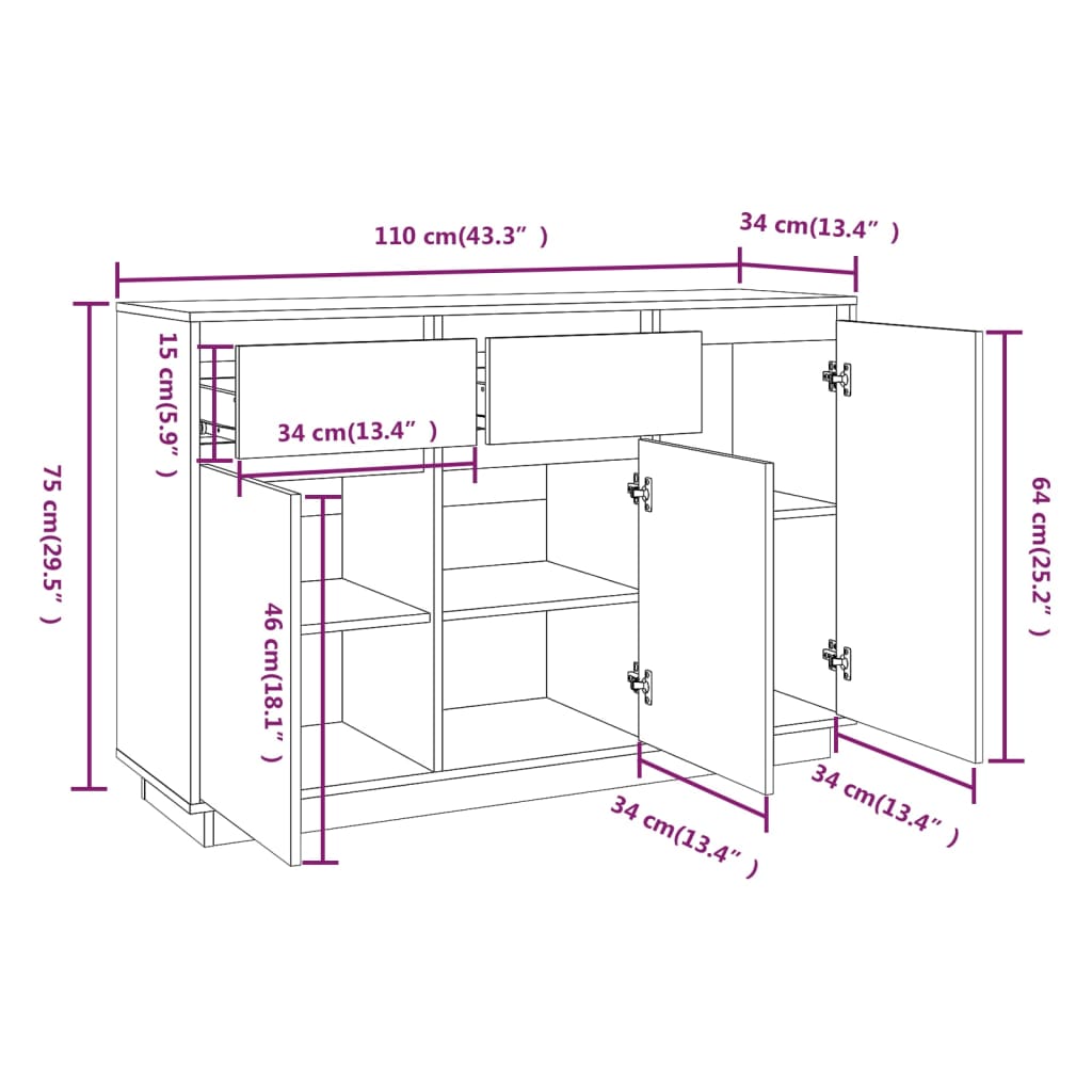 Dressoir 110x34x75 cm massief grenenhout