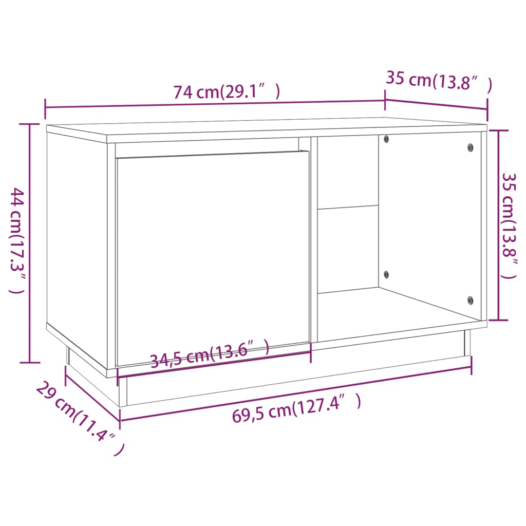 Meuble TV 74x35x44 cm en bois de pin massif