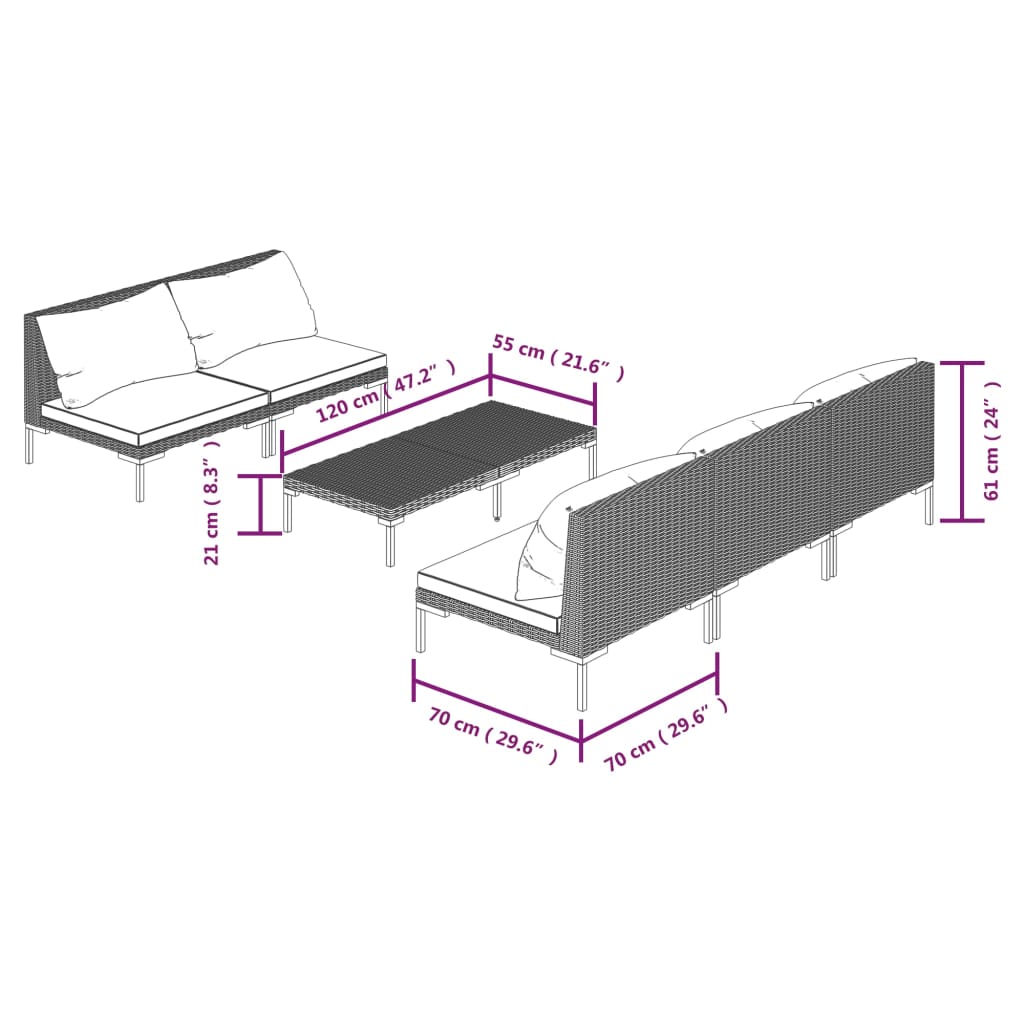 9-delige Loungeset met kussens poly rattan donkergrijs