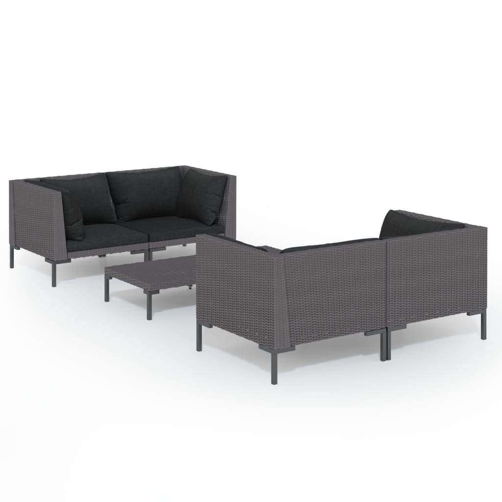 5-delige Loungeset met kussens poly rattan donkergrijs