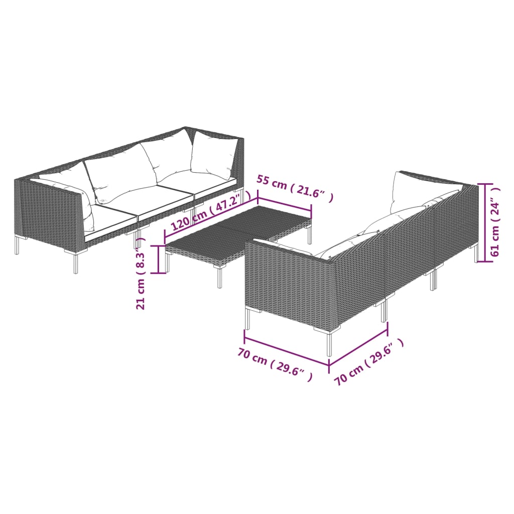 9-delige Loungeset met kussens poly rattan donkergrijs