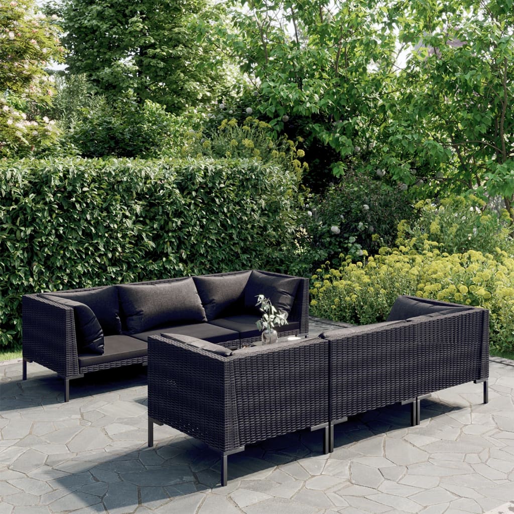 9-delige Loungeset met kussens poly rattan donkergrijs