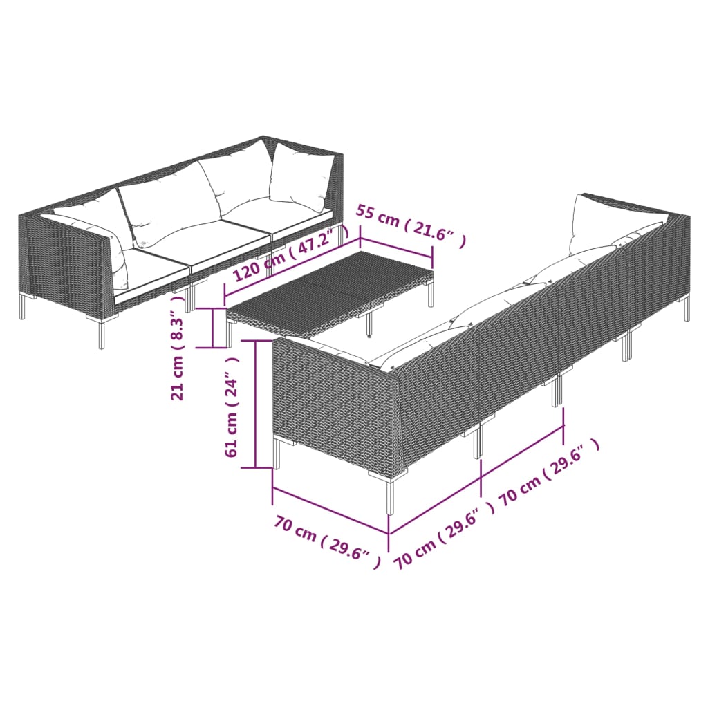 9-delige Loungeset met kussens poly rattan donkergrijs