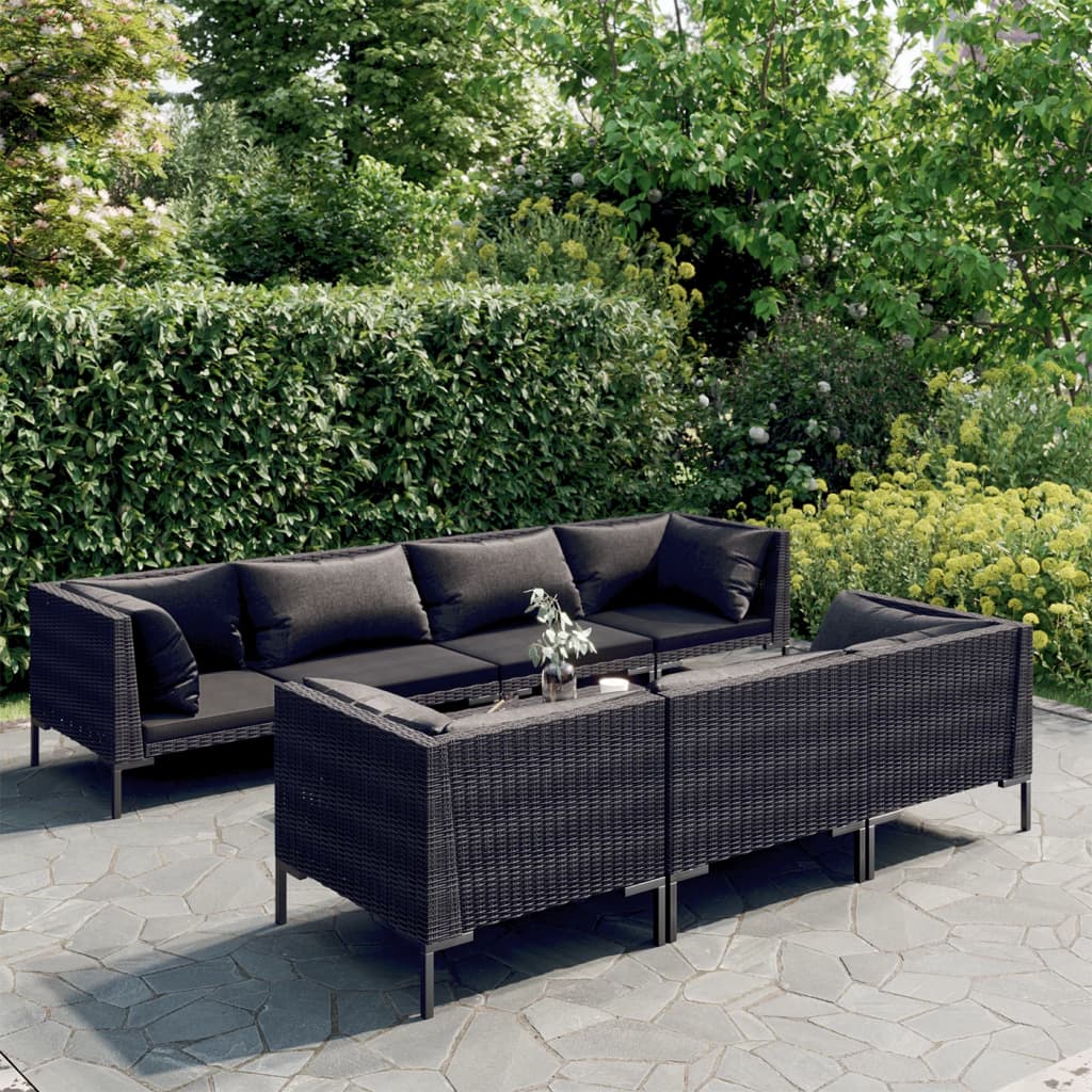 9-delige Loungeset met kussens poly rattan donkergrijs