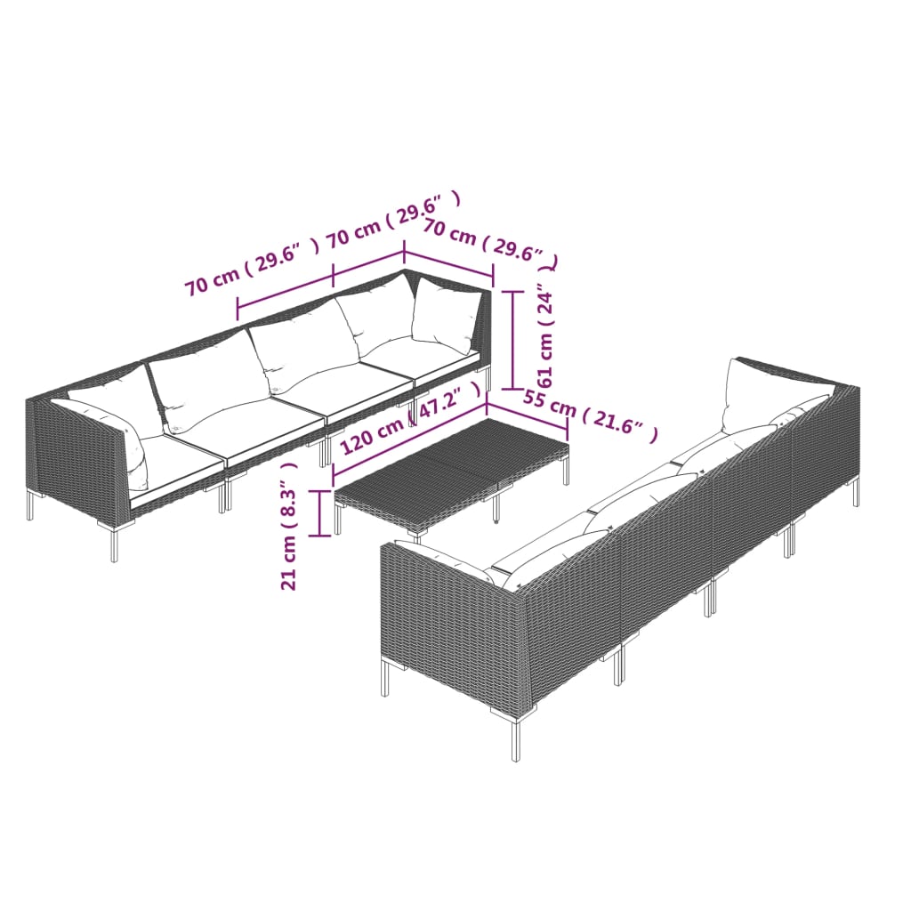 5-delige Loungeset met kussens poly rattan donkergrijs