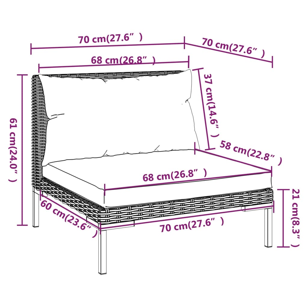 Ensemble lounge 9 pièces avec coussins en polyrotin gris foncé