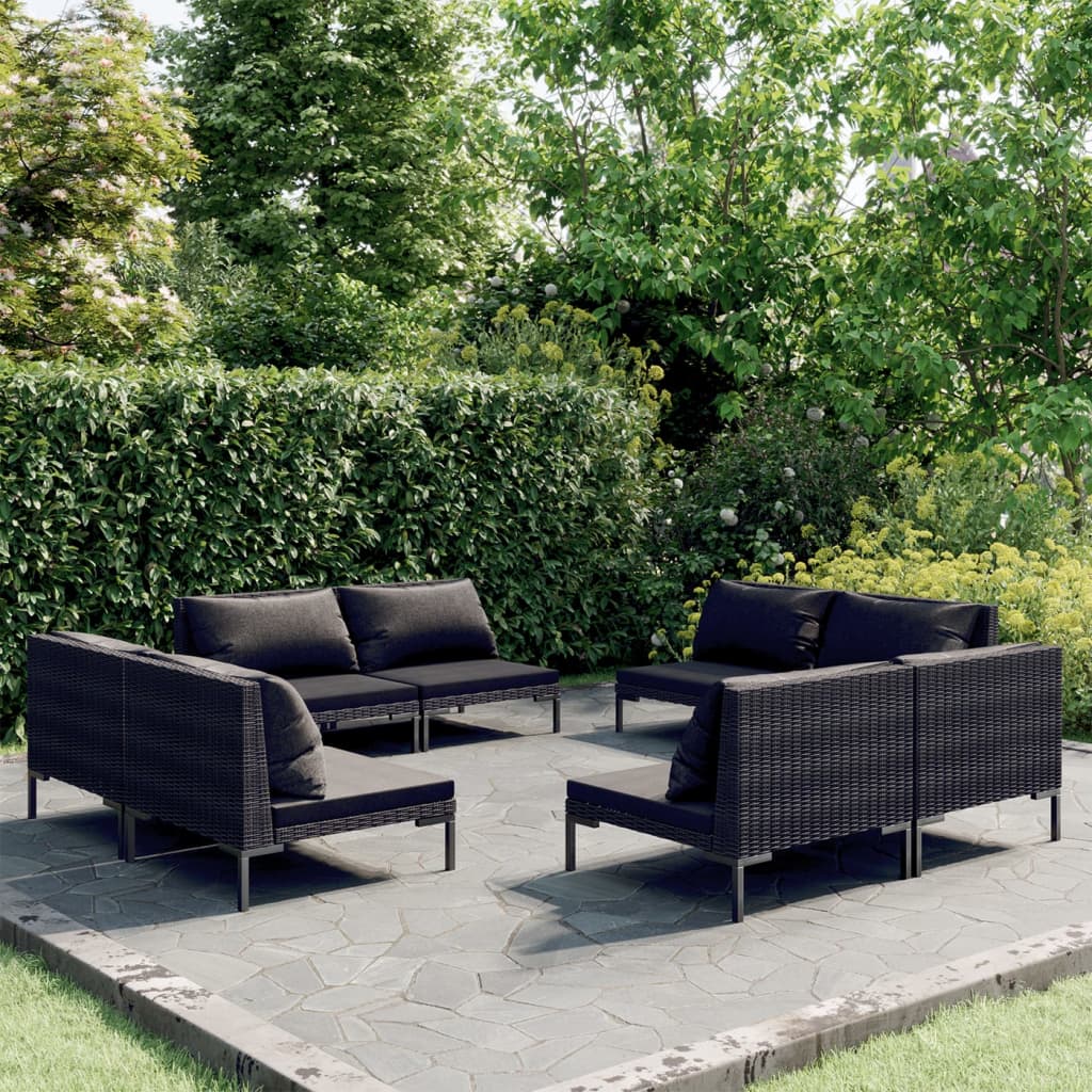 8-delige Loungeset met kussens poly rattan donkergrijs