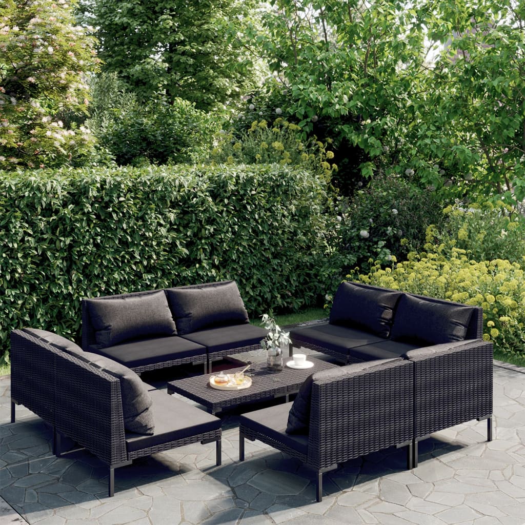 8-delige Loungeset met kussens poly rattan donkergrijs