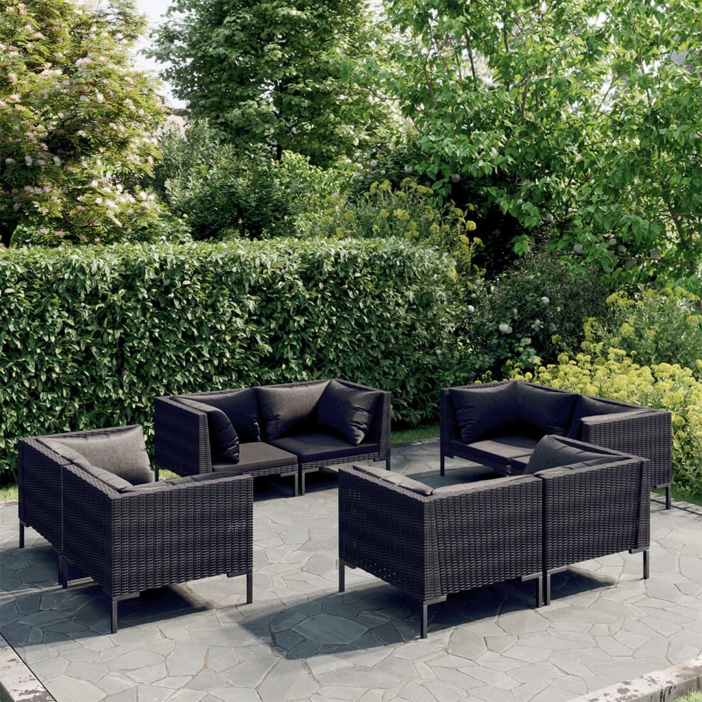 8-delige Loungeset met kussens poly rattan donkergrijs