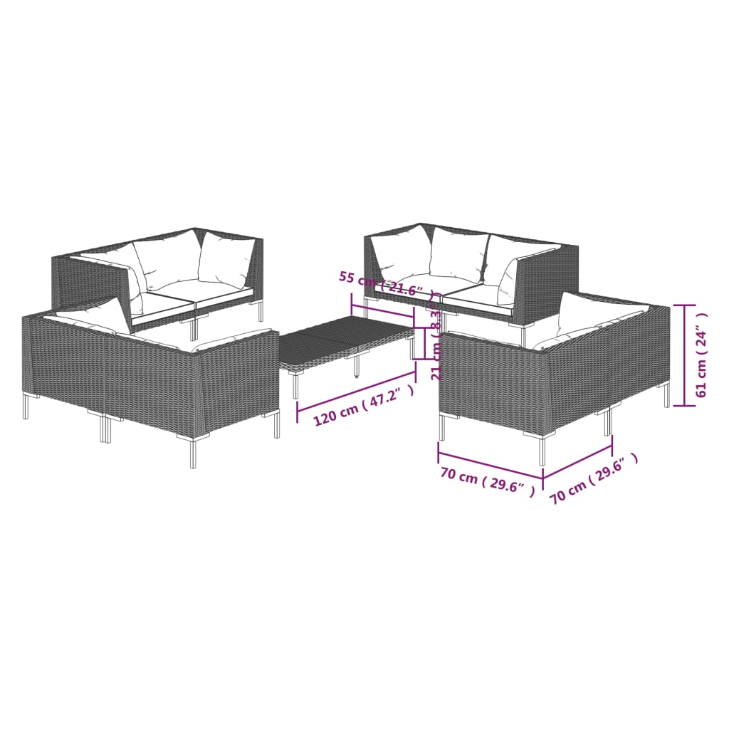 Ensemble lounge 8 pièces avec coussins en polyrotin gris foncé