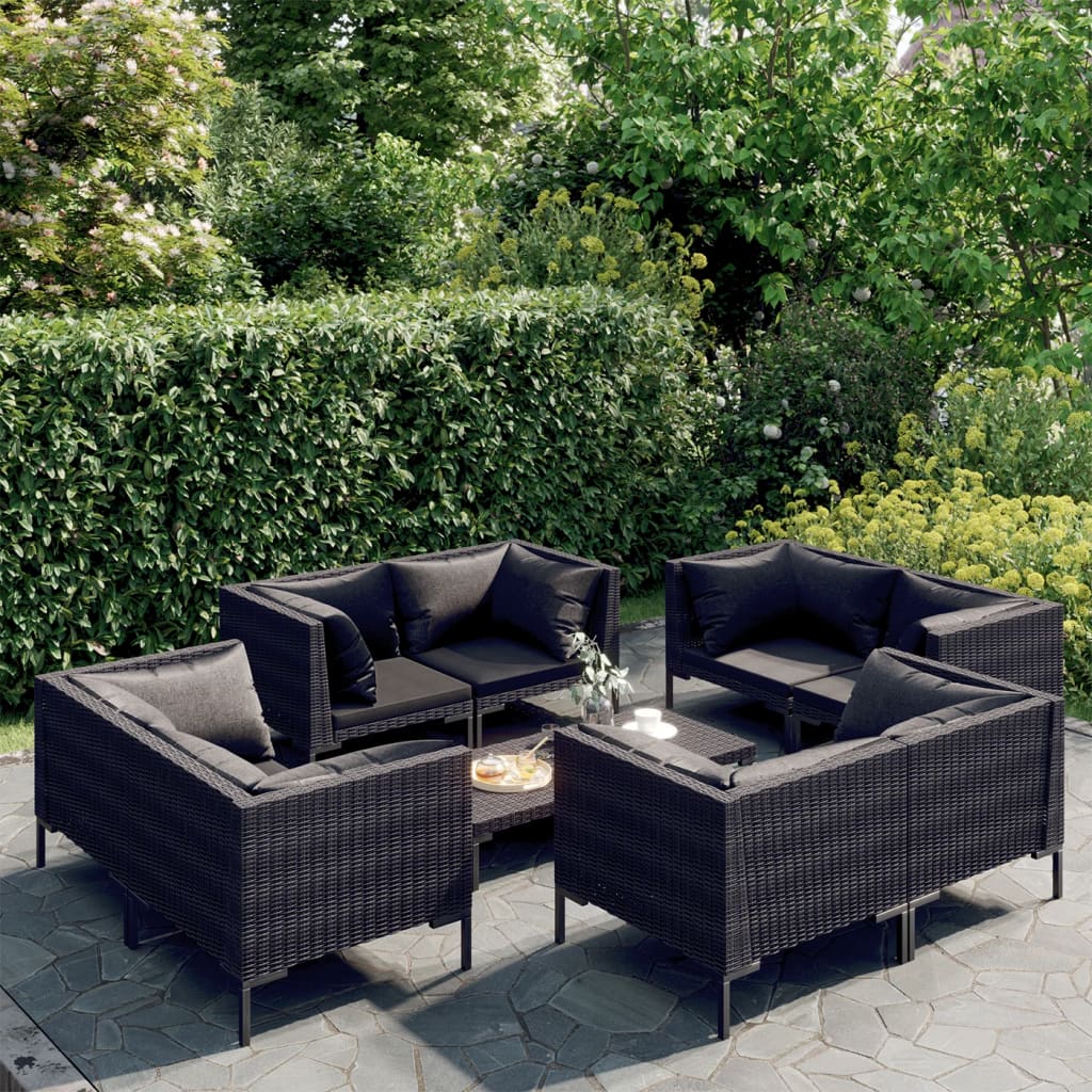 8-delige Loungeset met kussens poly rattan donkergrijs