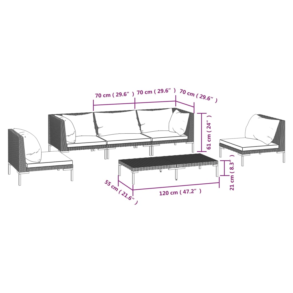 6-delige Loungeset met kussens poly rattan donkergrijs