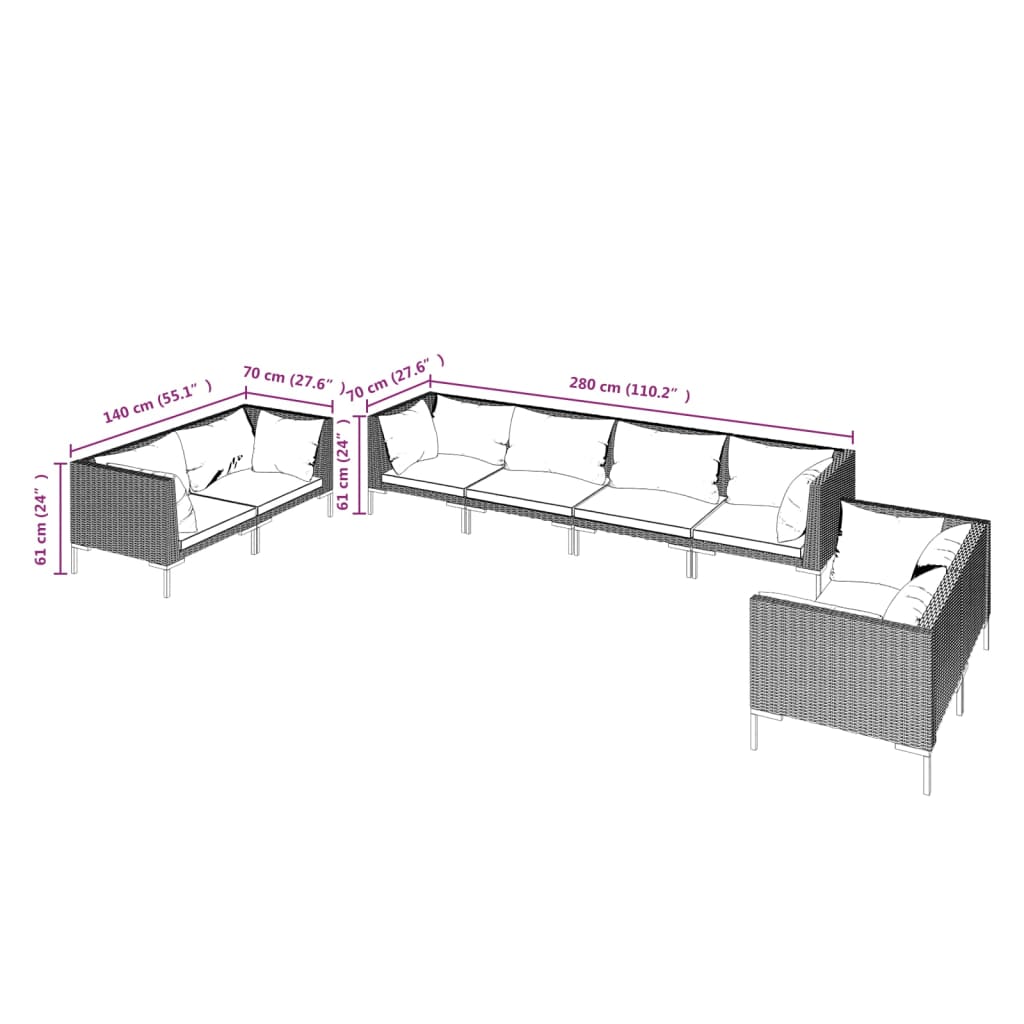 6-delige Loungeset met kussens poly rattan donkergrijs