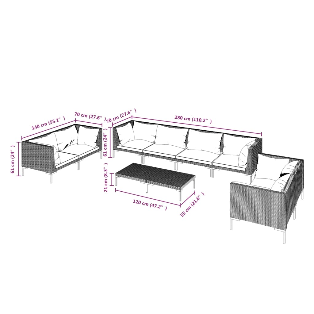 6-delige Loungeset met kussens poly rattan donkergrijs