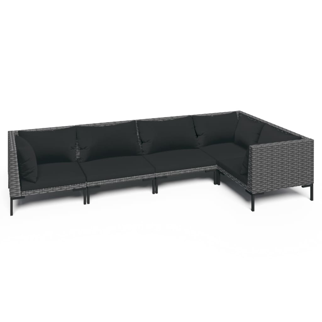 5-delige Loungeset met kussens poly rattan donkergrijs