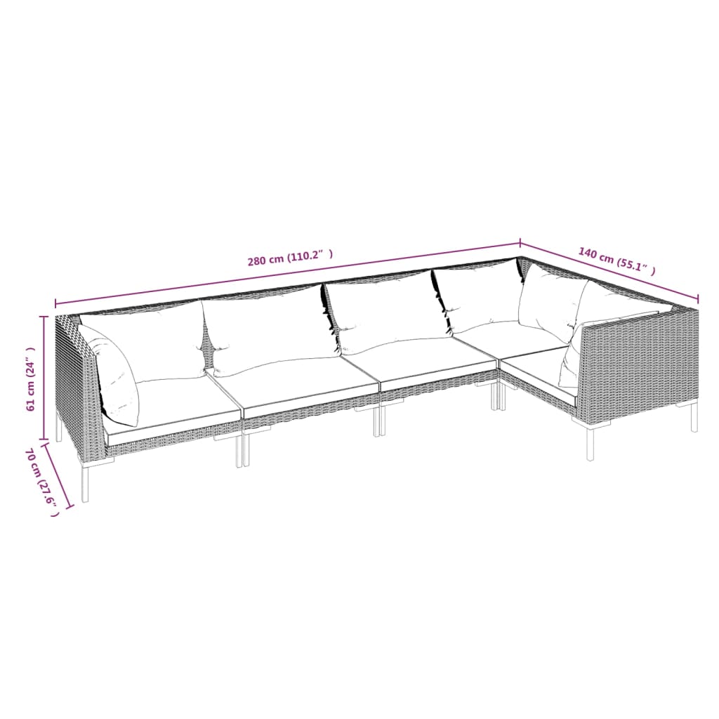 5-delige Loungeset met kussens poly rattan donkergrijs