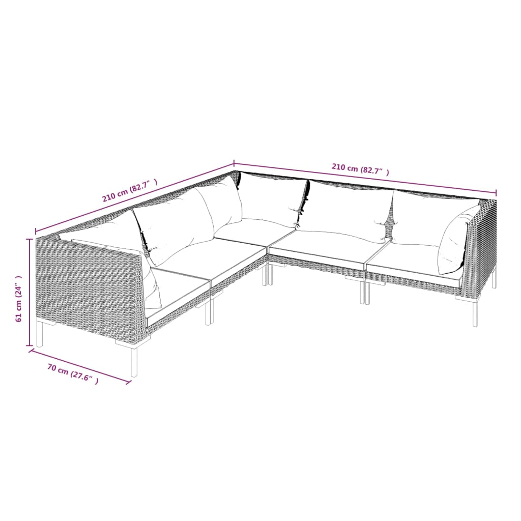 5-delige Loungeset met kussens poly rattan donkergrijs