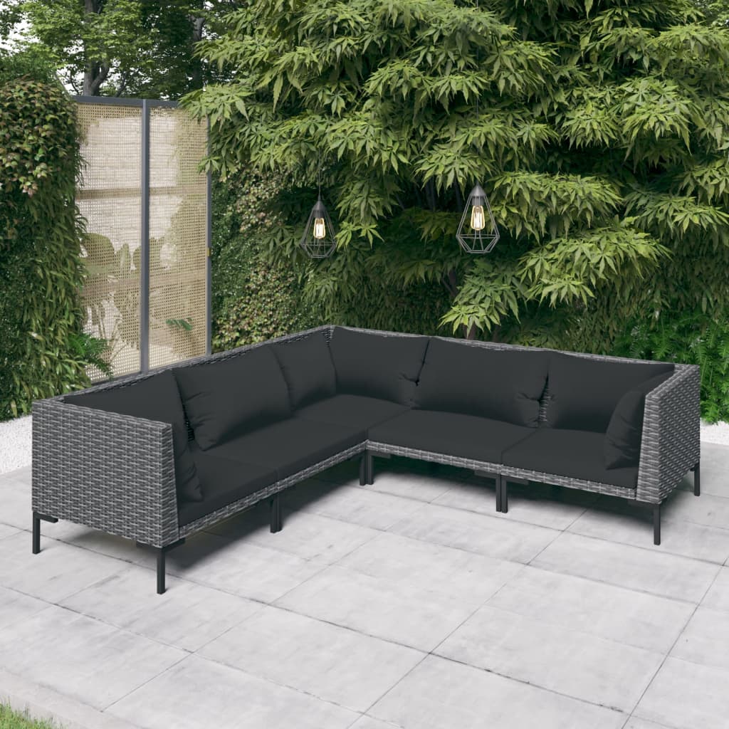 5-delige Loungeset met kussens poly rattan donkergrijs