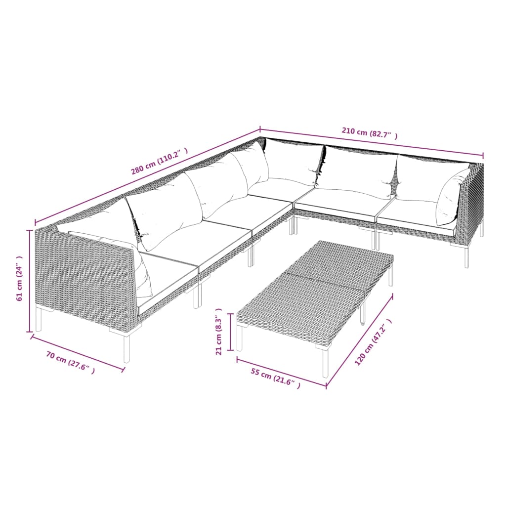 5-delige Loungeset met kussens poly rattan donkergrijs