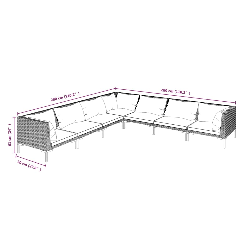 5-delige Loungeset met kussens poly rattan donkergrijs