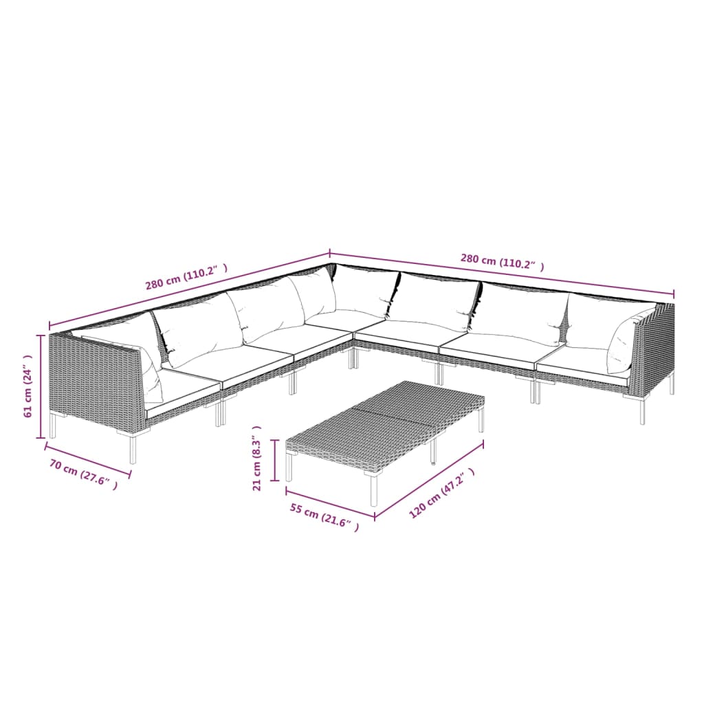 Ensemble Lounge 5 pièces avec coussins en polyrotin gris foncé