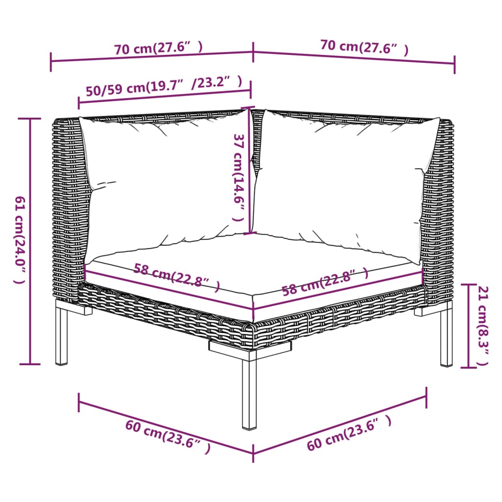 5-delige Loungeset met kussens poly rattan donkergrijs